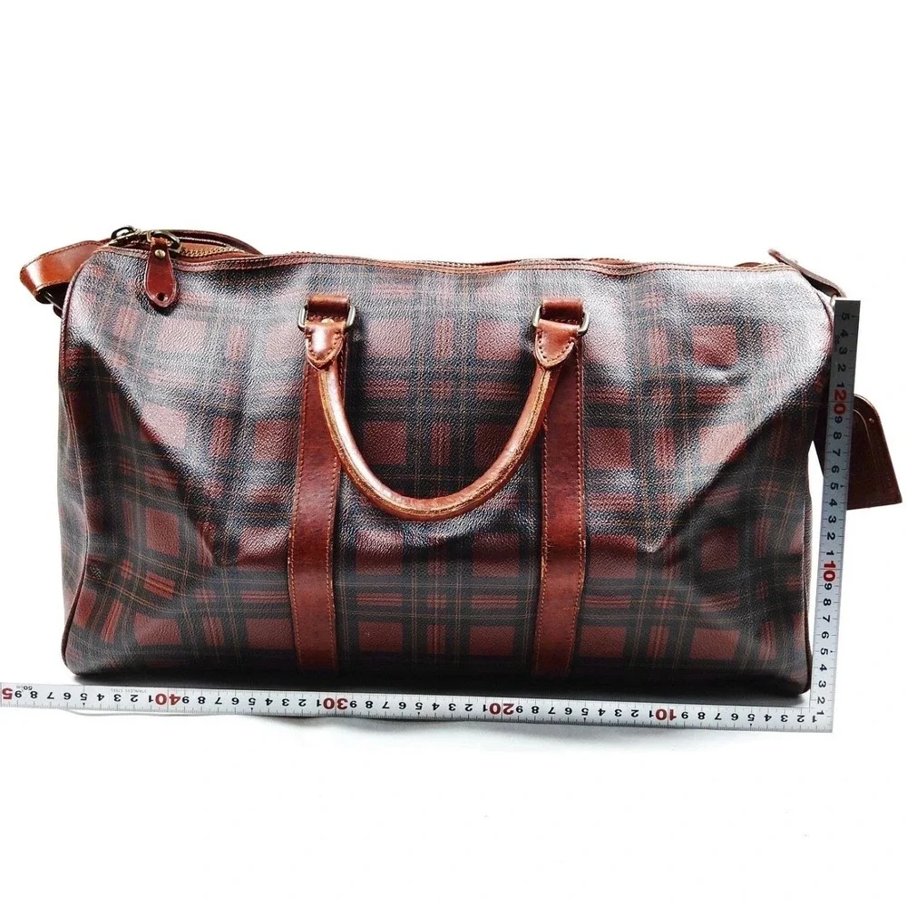 Polo Ralph Lauren Vintage‎ Plaid Duffle Bag Brown Canvas Leather Trim Large